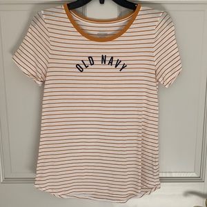 Old Navy Everywear Women’s Shirt Mustard Yellow and White Stripes with Navy Logo
